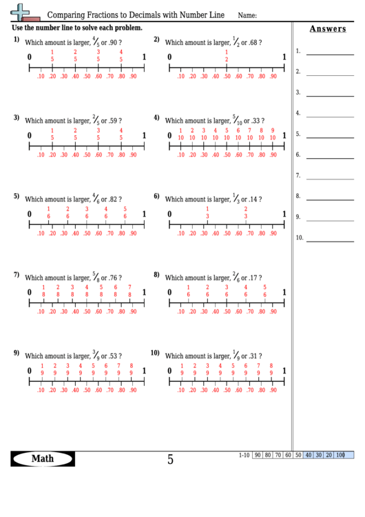 Comparing Fractions To Decimals With Number Line Worksheet Template 