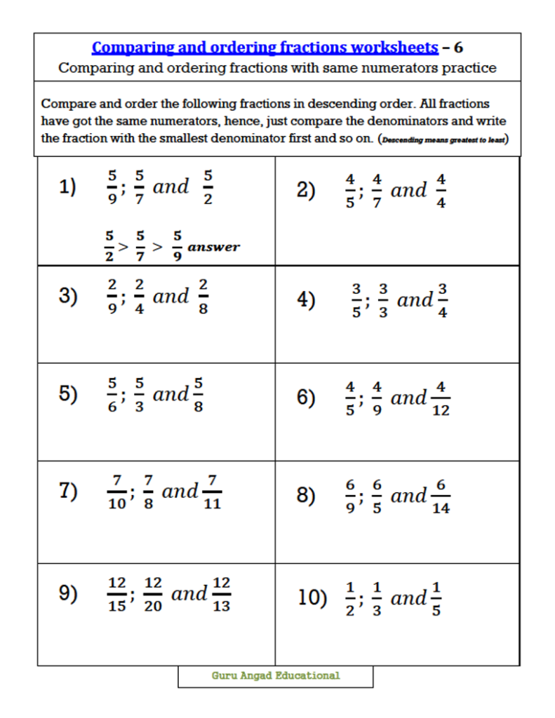 Comparing Fractions With Common Numerators Worksheet Fraction 