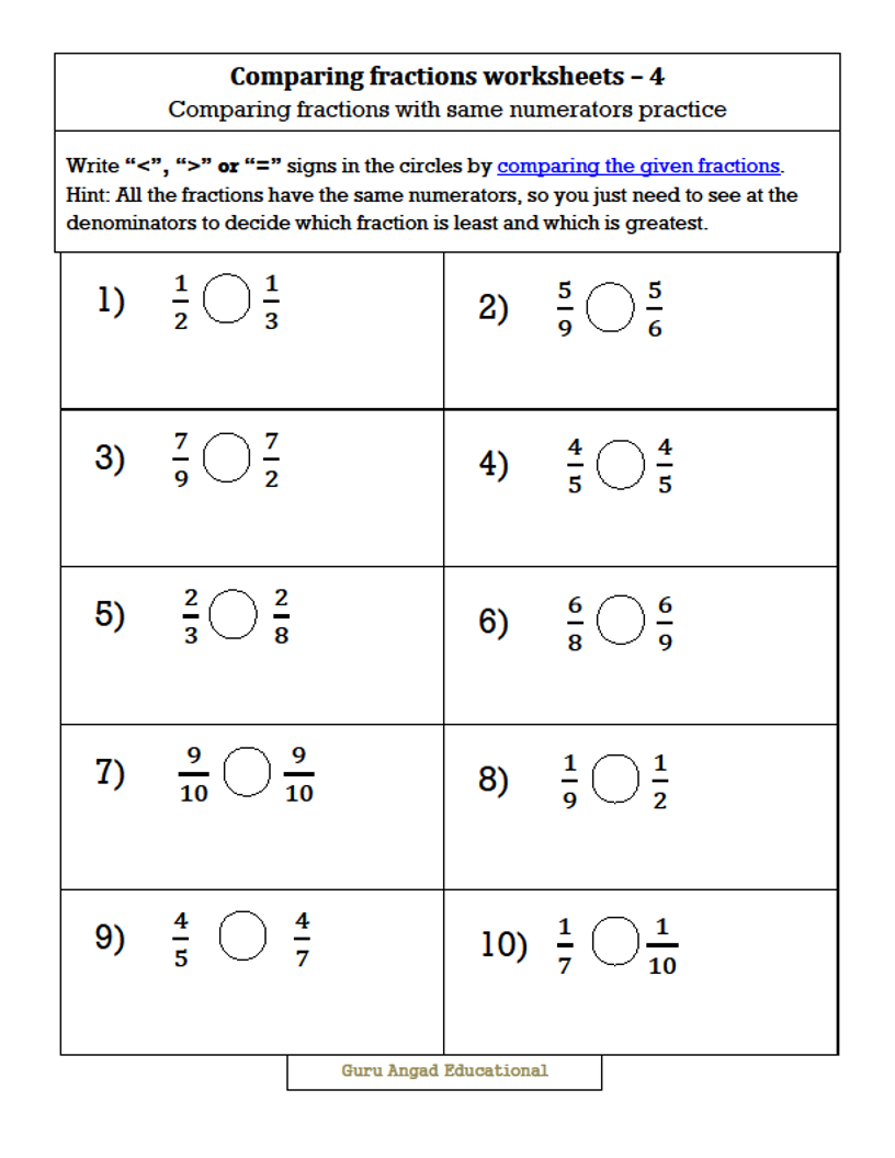 Comparing Fractions 3rd Grade Worksheets