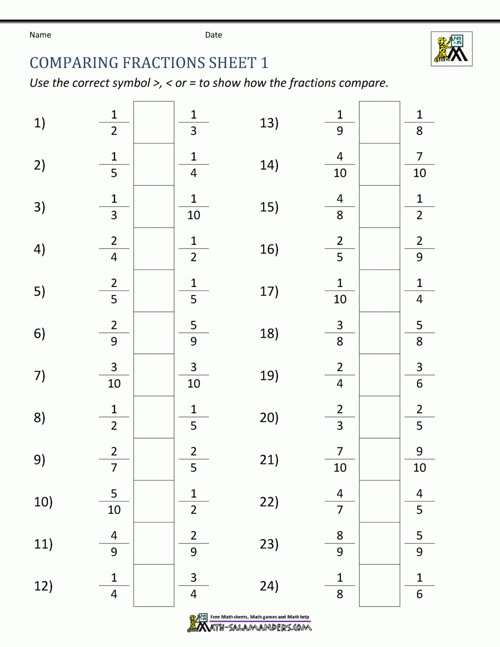 Comparing Fractions Worksheet 4th Grade Answer Key Worksheets Free