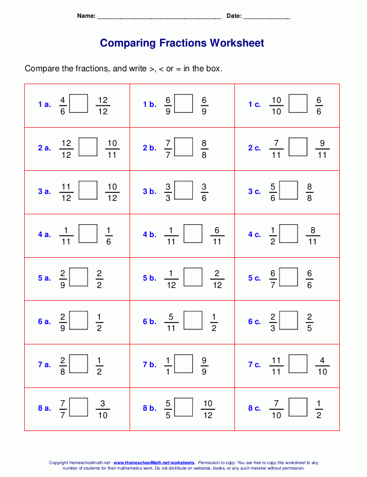 Comparing Fractions Worksheets Grade 5