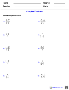 Complex Fractions Worksheets Simplifying Algebraic Expressions