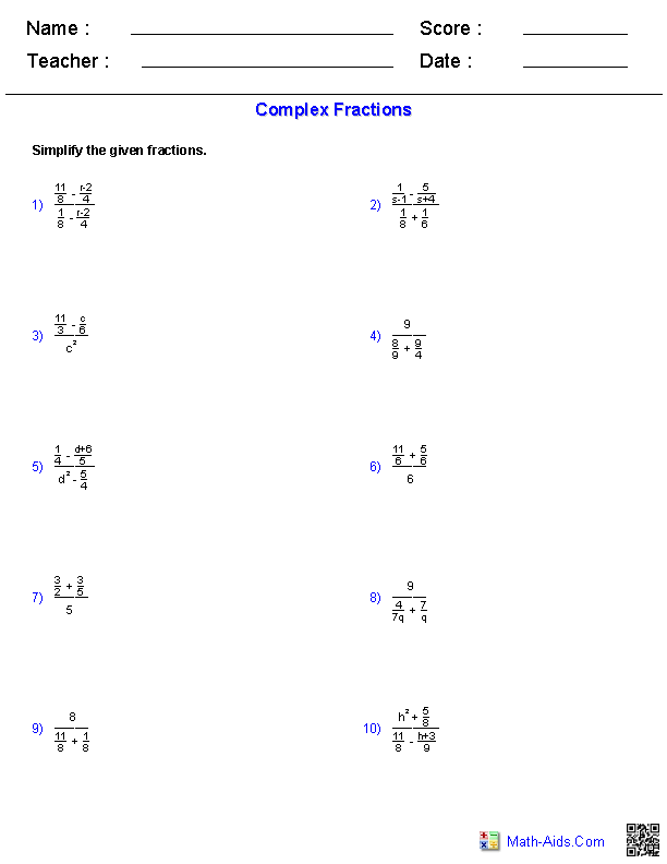 10.5 Addition Subtraction And Complex Fractions Worksheet Answers