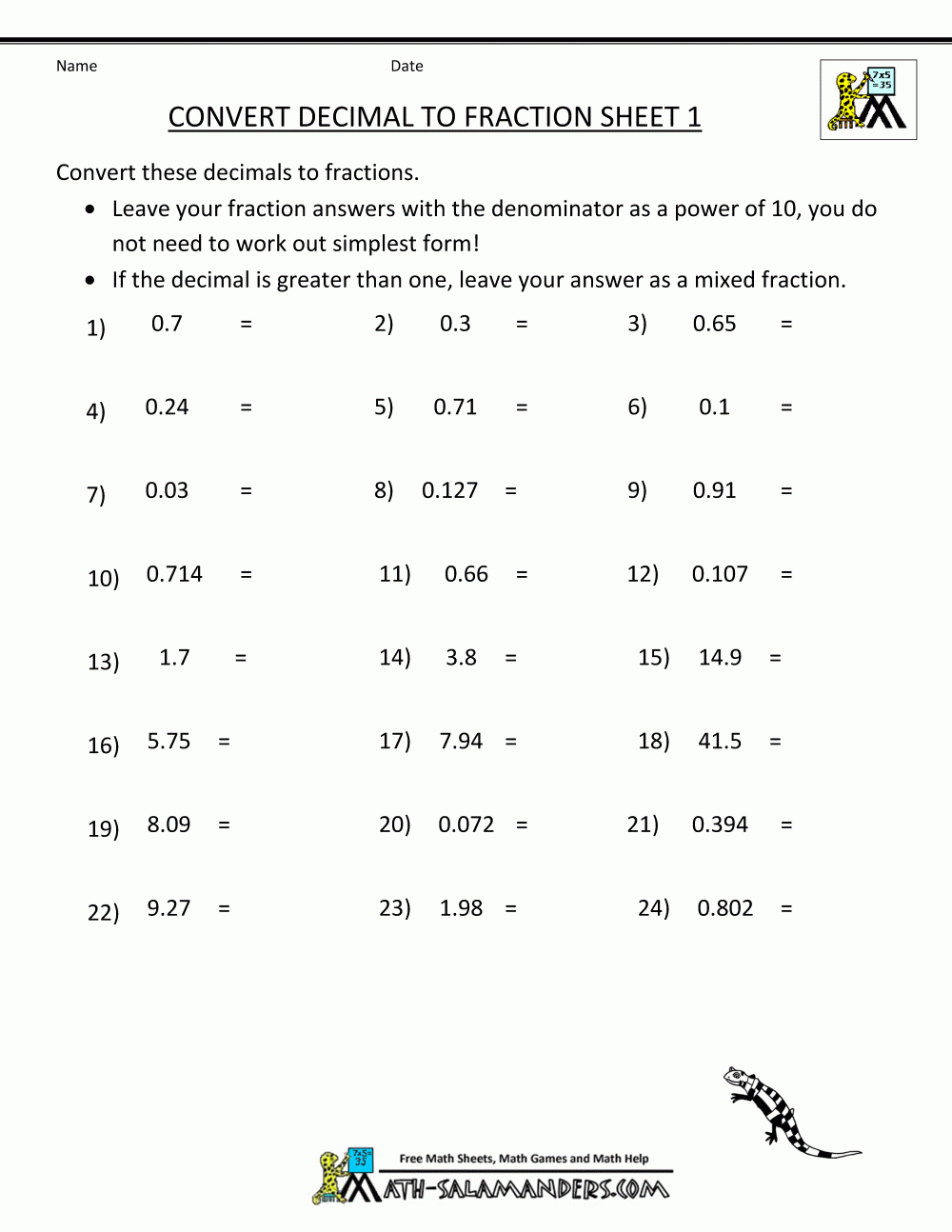 Converting Decimals Into Fractions Worksheet