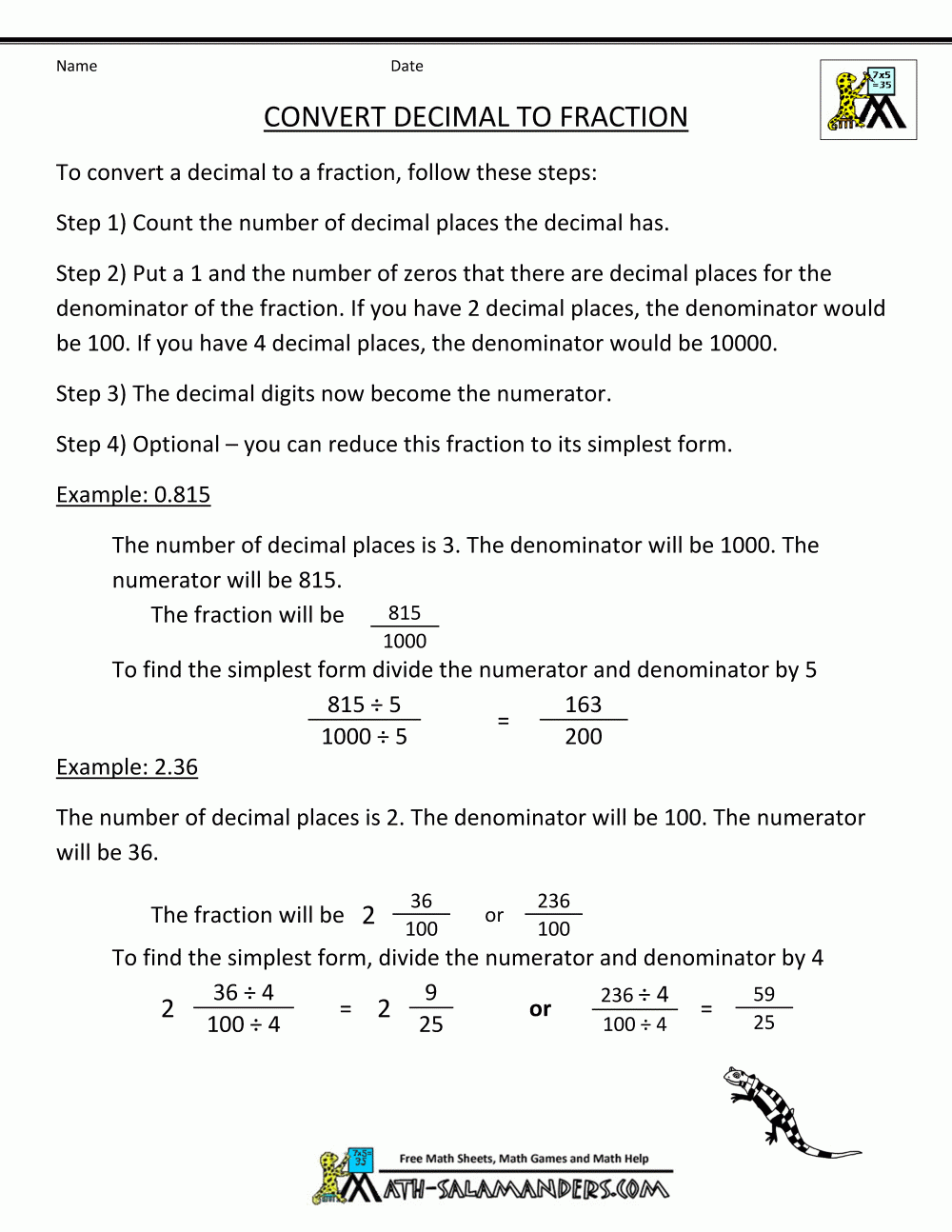 Converting Fractions To Decimals Word Problems Worksheet