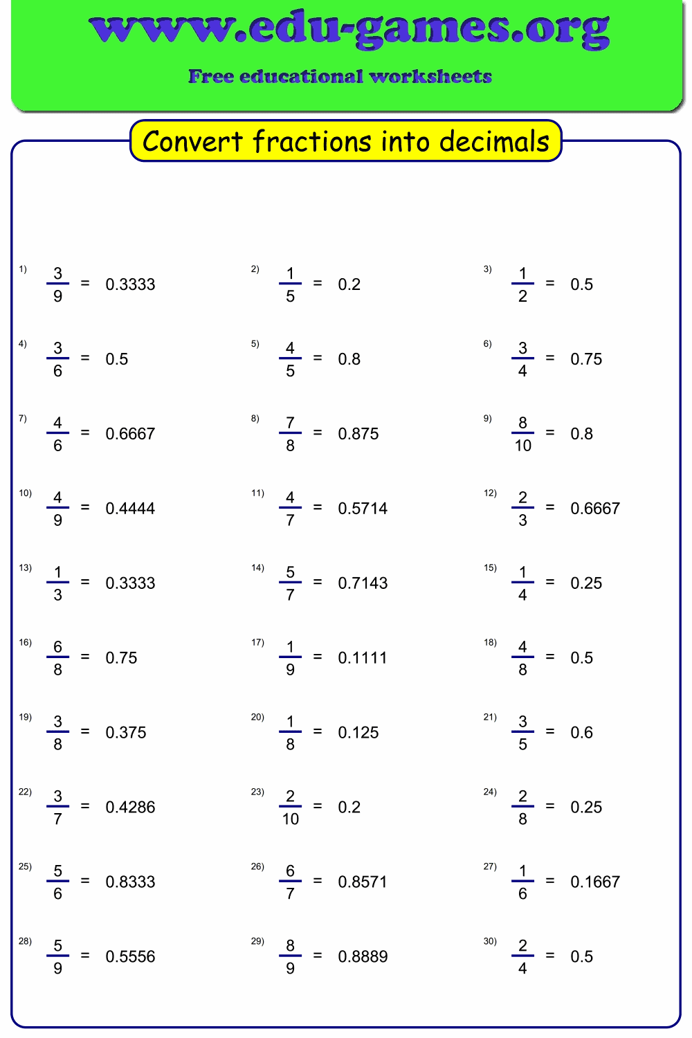 Convert A Fraction To A Decimal Worksheet