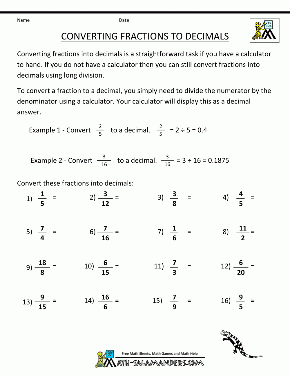 Convert Fraction To Decimal Worksheet