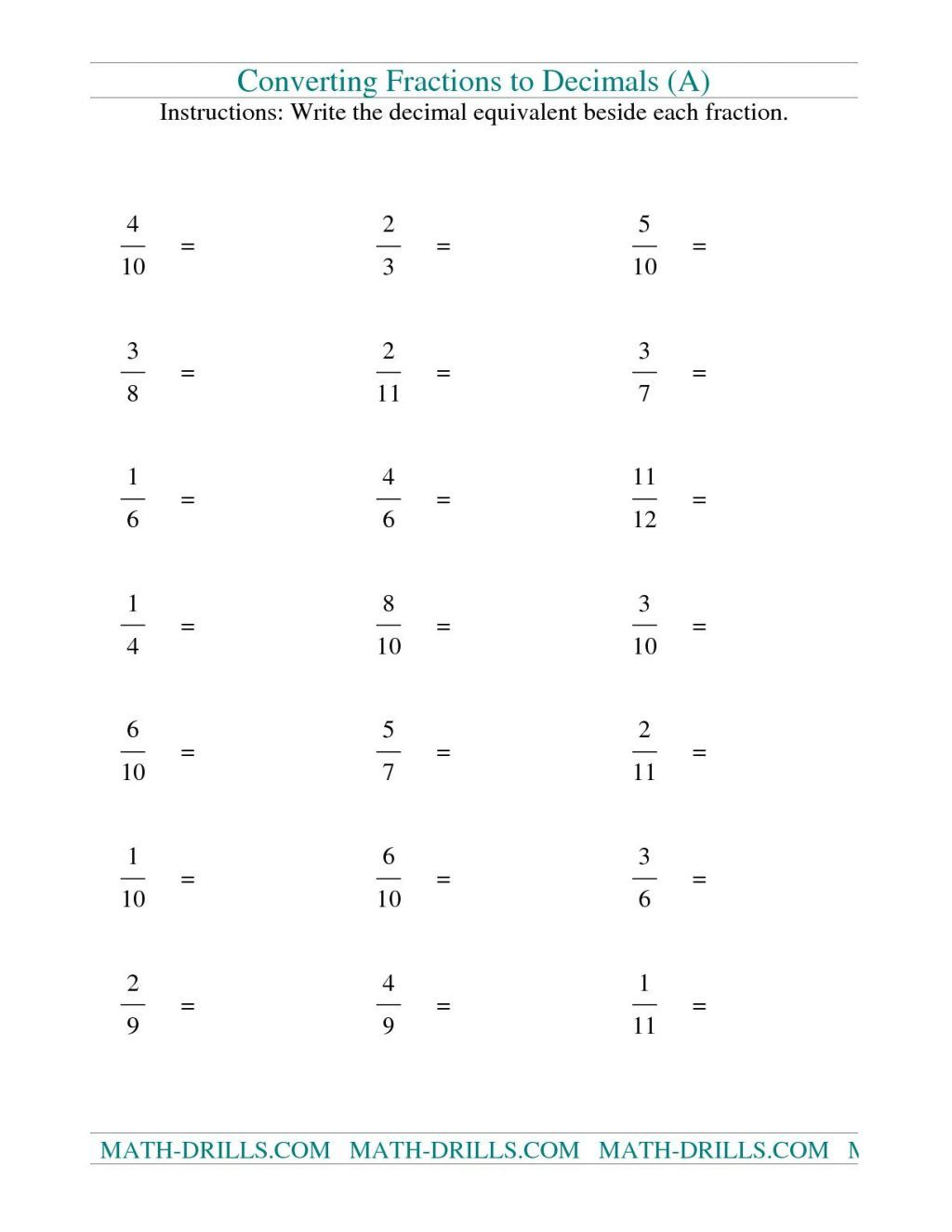 Convert Decimals To Fractions Worksheet Pdf