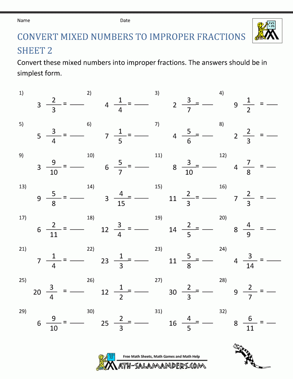 Mixed Number To Improper Fraction Worksheet Pdf