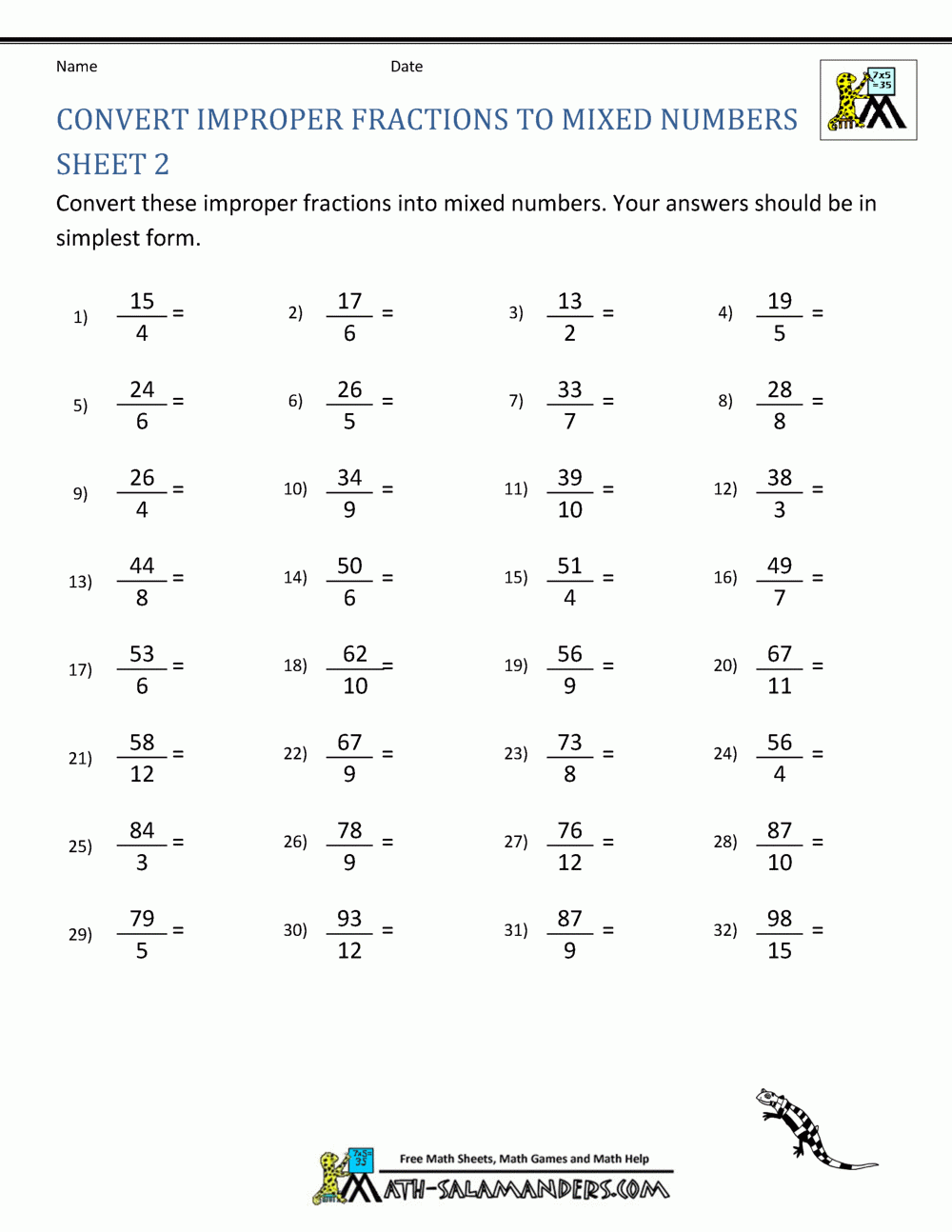 Convert Fractions To Mixed Numbers Worksheet