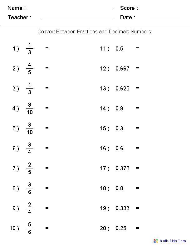 Convert Between Fractions And Decimals Numbers Worksheet