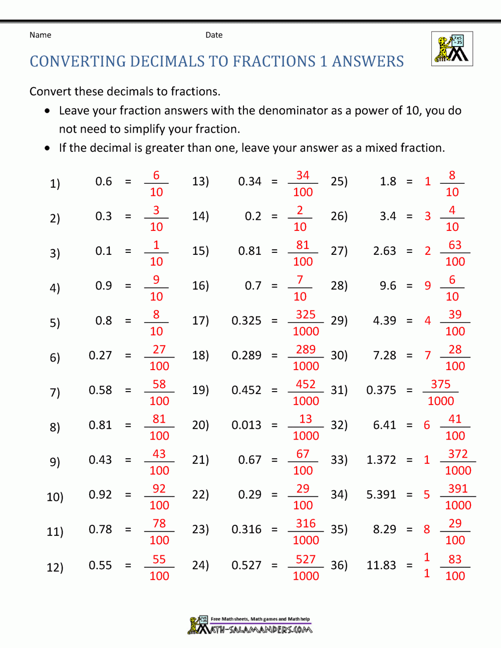 Converting Fractions To Decimals Worksheet With Answers Pdf