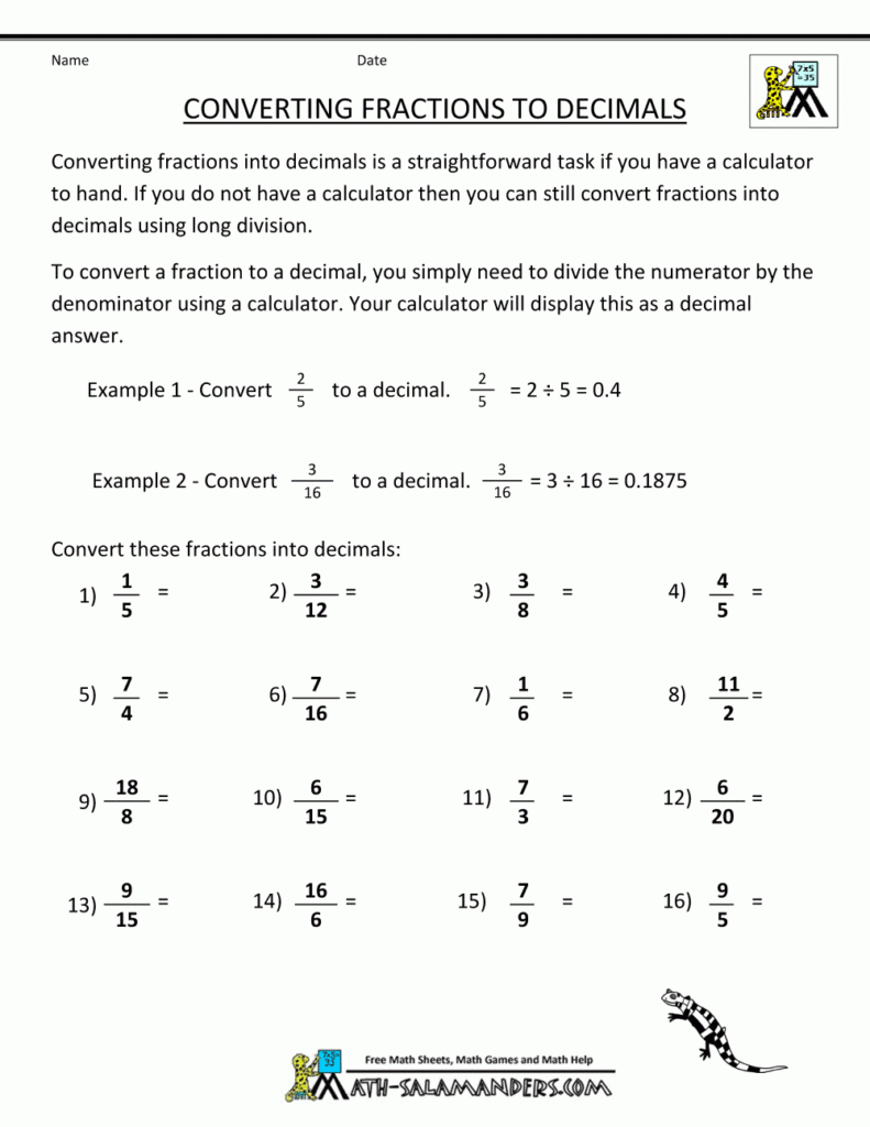 Converting Fractions To Decimals Worksheet Grade 7 Fraction 