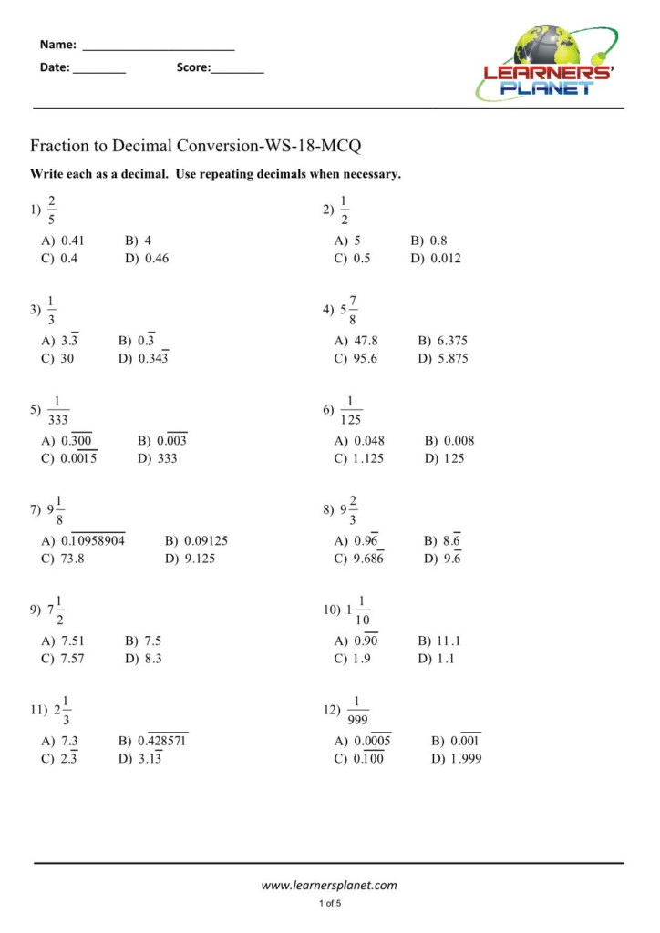 Converting Fractions To Decimals Worksheet Grade 7 Fraction 