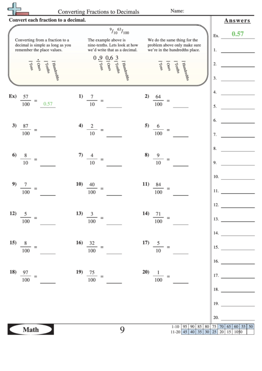 Converting Fractions To Decimals Worksheet With Answer Key Printable 