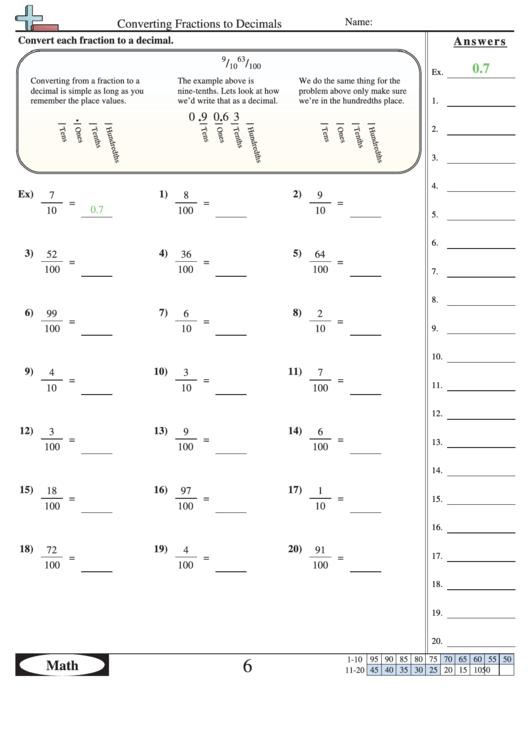 Converting Fractions To Decimals Worksheet With Answer Key Printable 