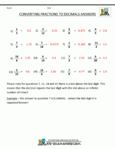 Converting Fractions To Decimals Worksheet With Answers Worksheets