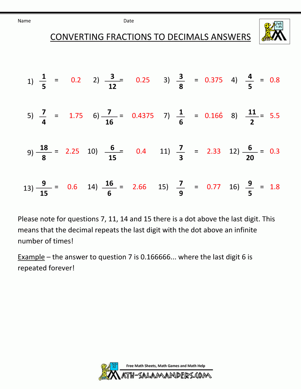 Fractions Decimals Worksheet Answers