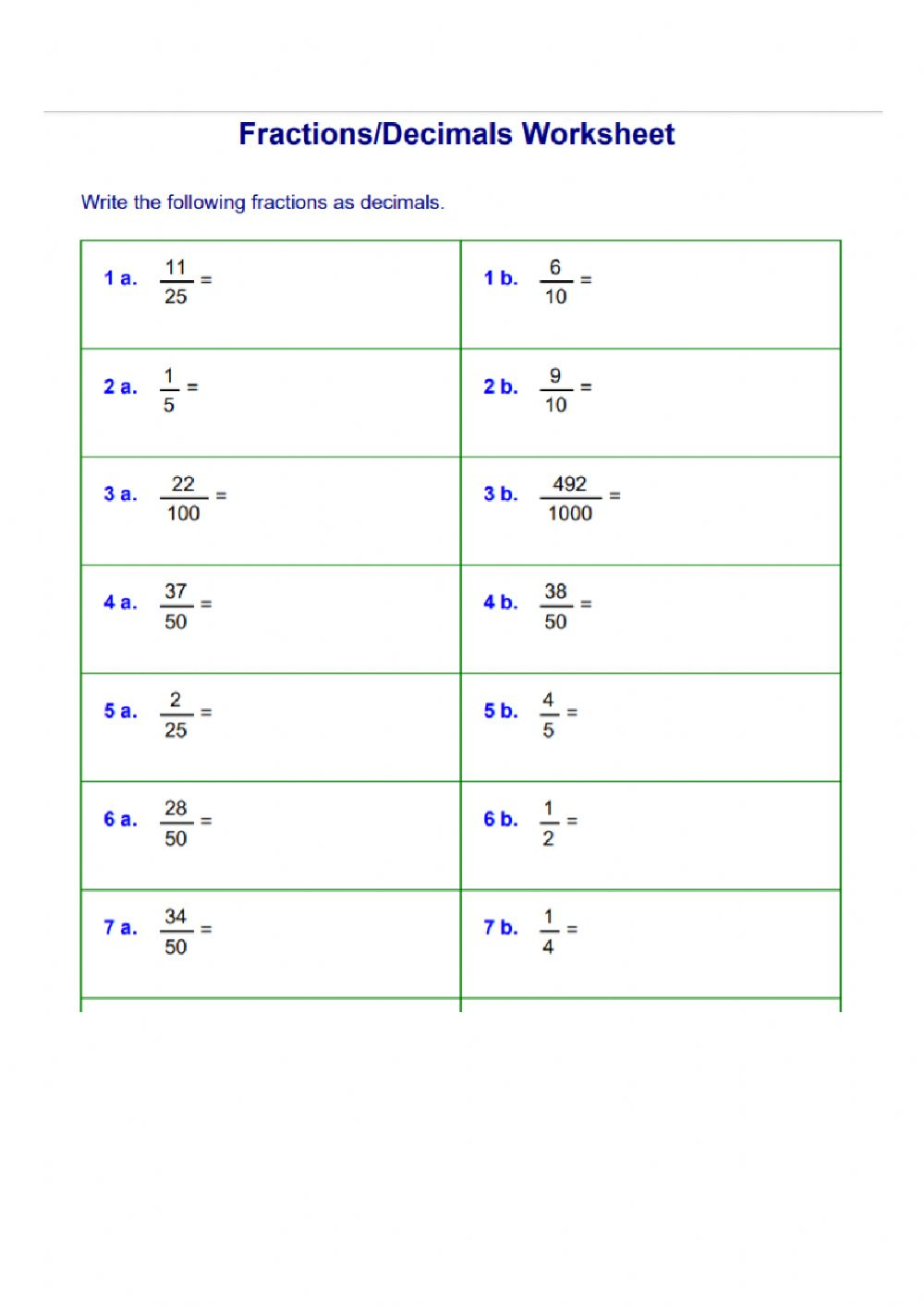 Convert Fractions To Decimals Worksheet