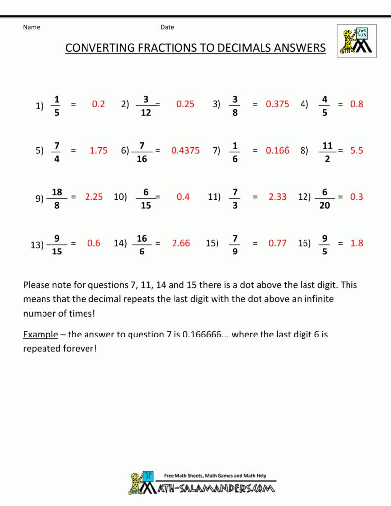 Converting Fractions To Decimals Worksheet With Answers Worksheets 