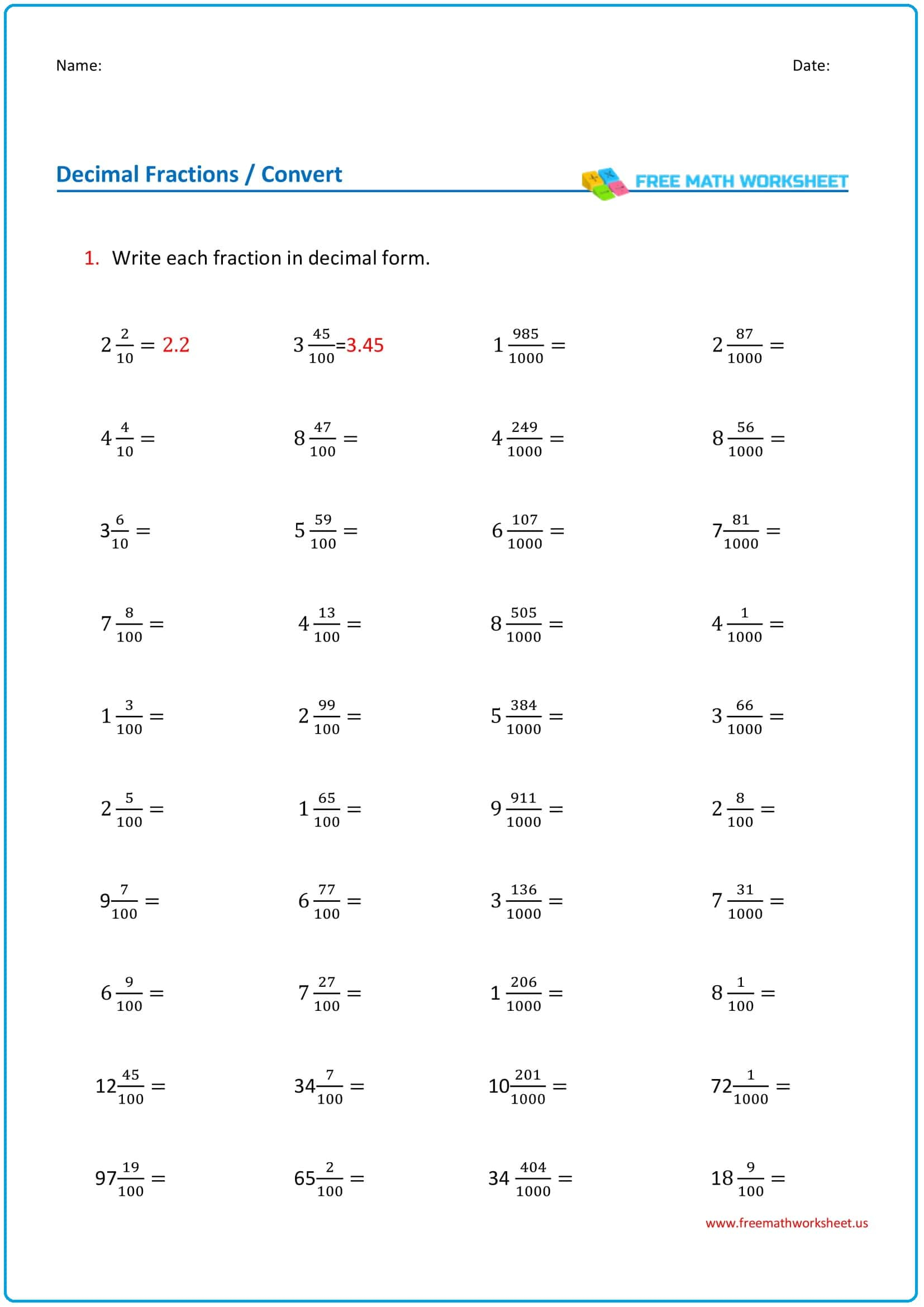 Fractions And Decimals Review Worksheet