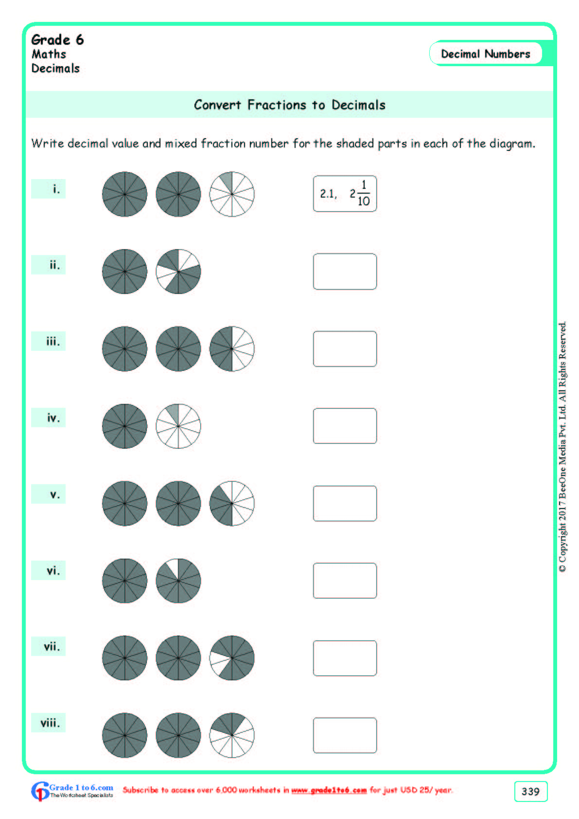 Decimal To Fraction Worksheet Grade 6