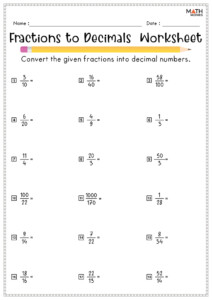 Converting Fractions To From Decimals Worksheets Math Monks