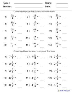 Converting Improper Fractions Mixed Numbers Worksheets