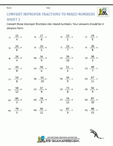 Converting Improper Fractions To Mixed Numbers Worksheet 4th Grade Pdf