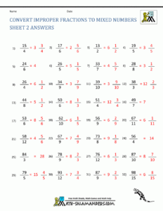 Converting Improper Fractions To Mixed Numbers Worksheet Answer Key