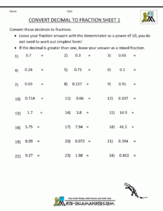 Decimal To Fraction Worksheet Grade 7 Fraction Worksheets Free Download