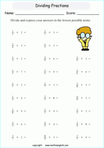 Divide Fractions By Whole Numbers Math Worksheet For Grade 5 Free