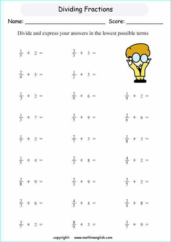 Dividing Fractions By Whole Numbers Grade 5 Fractions Worksheet