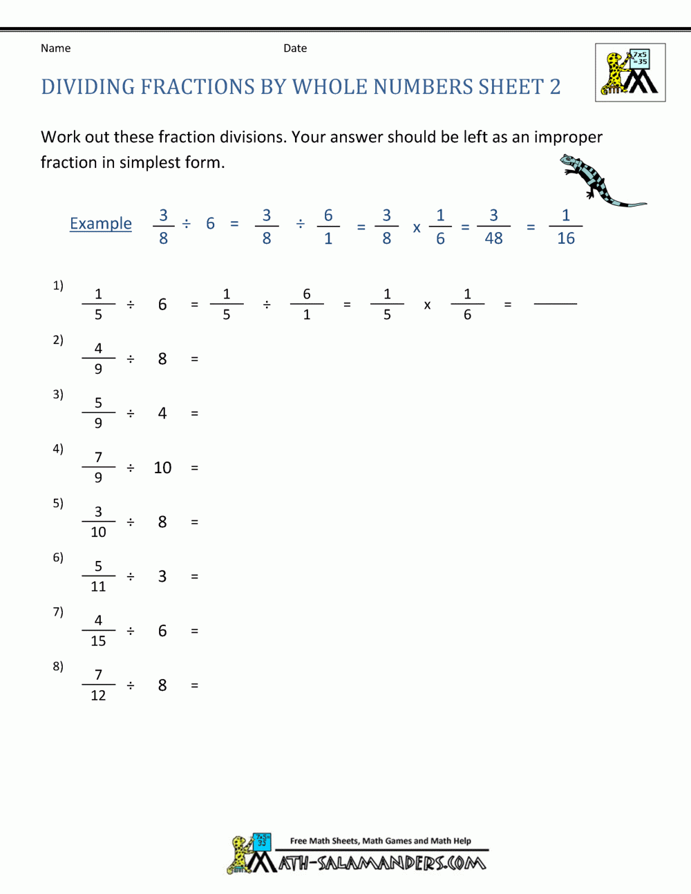 Dividing Fractions By Whole Numbers Worksheet 6th Grade