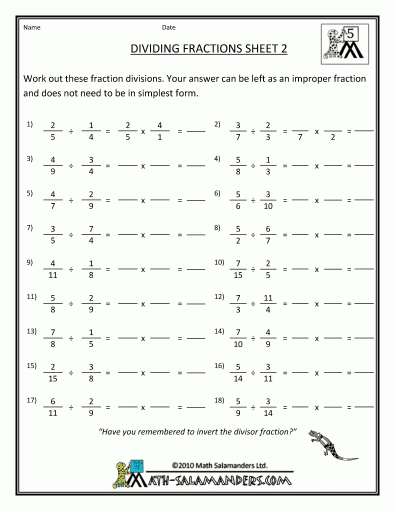 Dividing Fractions By Whole Numbers Worksheet 5th Grade Fraction 