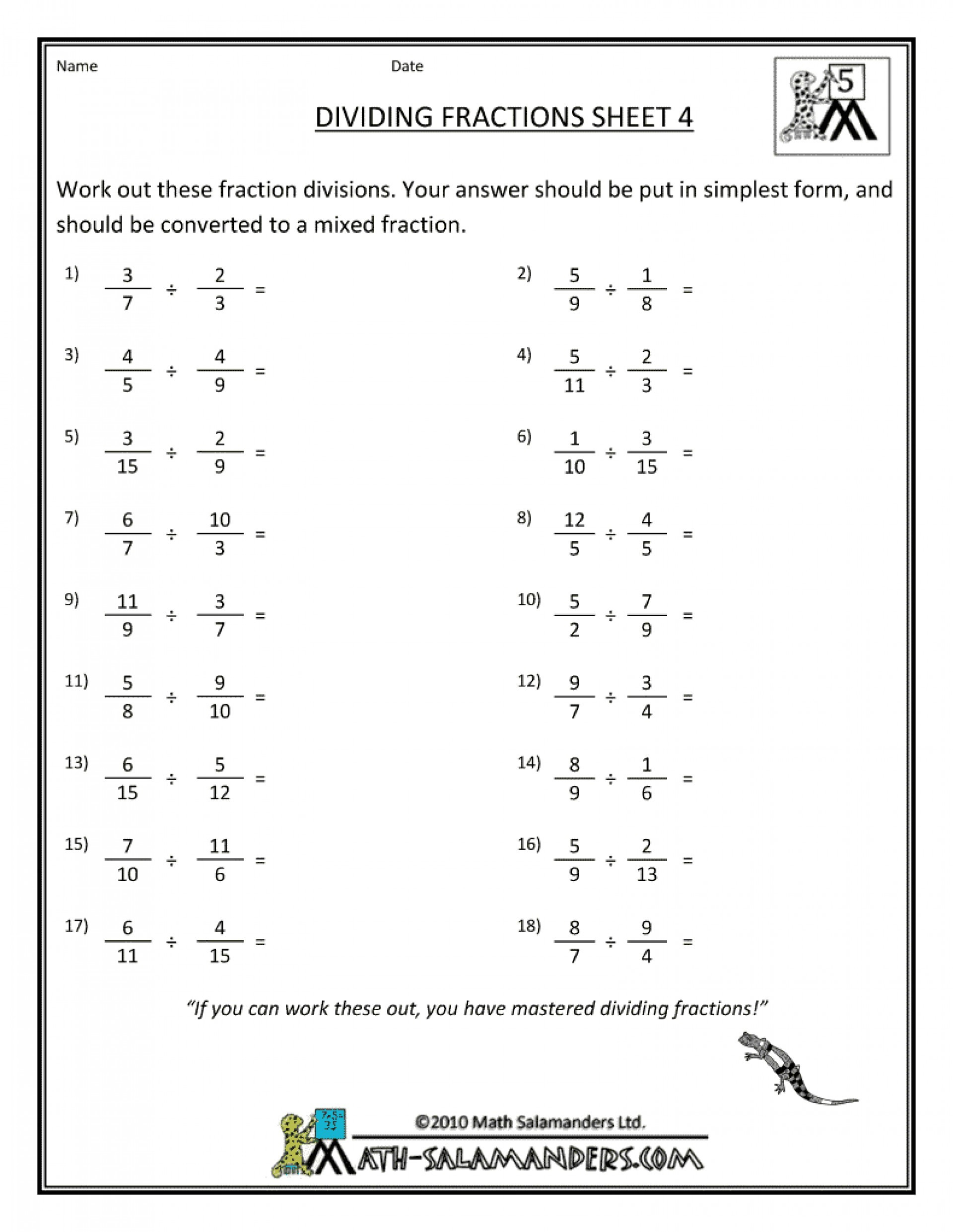 Dividing Fractions 6th Grade Worksheet