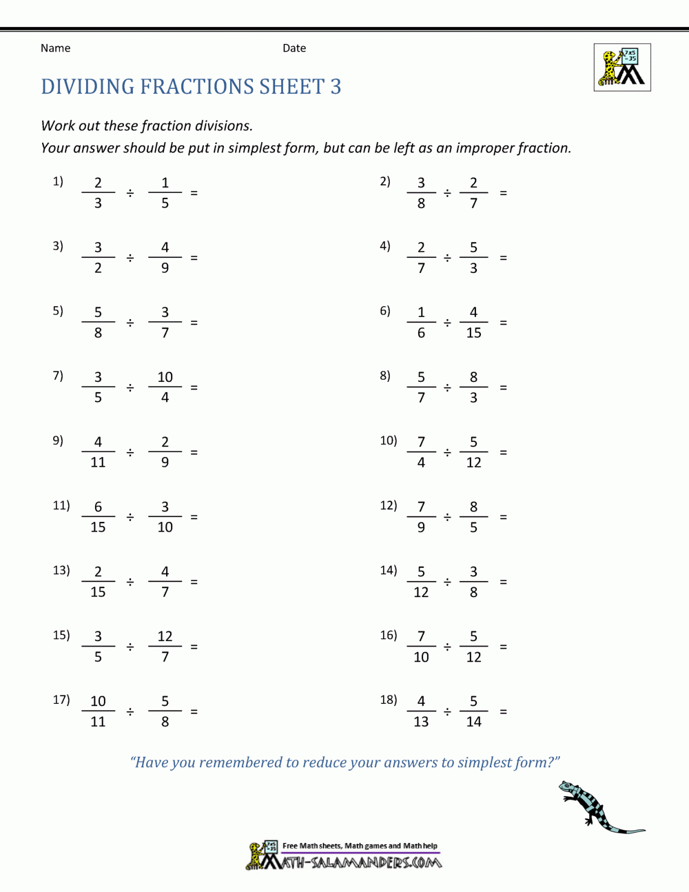 Dividing Fractions Worksheets 6th Grade