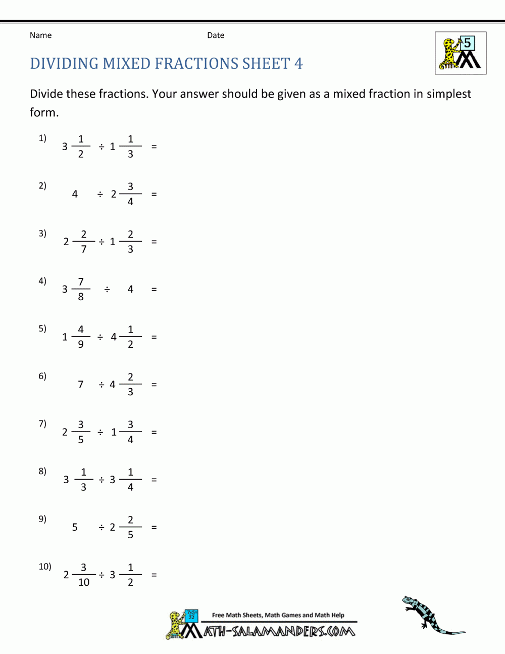 Dividing Mixed Number Fractions Worksheet