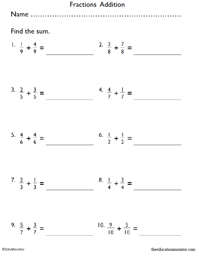 Downloadable Fourth Grade Fractions Addition Worksheet EduMonitor