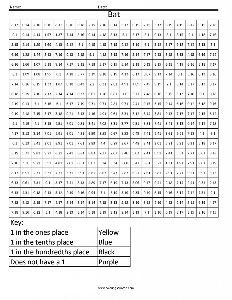 DVC1 Bat Common Core Coloring Fractions Decimal Percent Coloring Squared