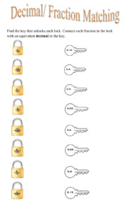 Equivalent Decimal And Fraction Match Worksheet