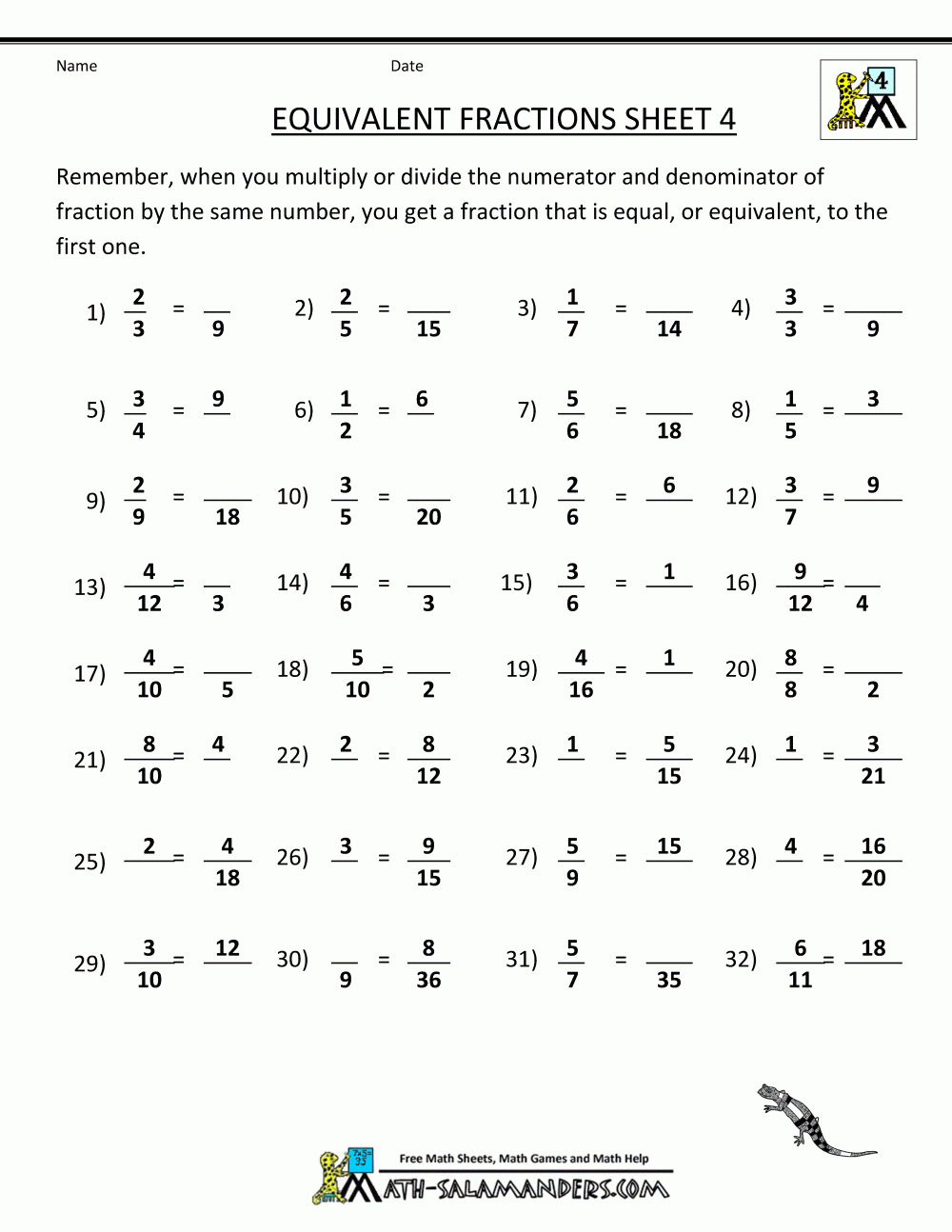 Find Equivalent Fractions Worksheet 4th Grade