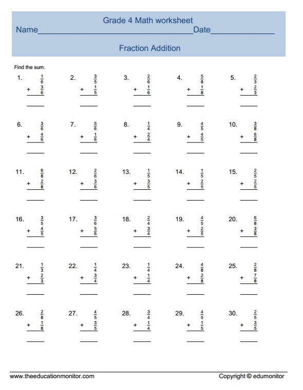 Fourth Grade Fraction Addition Math EduMonitor