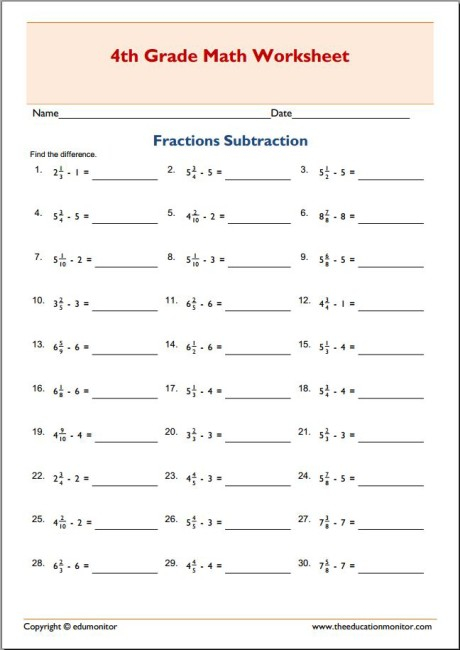 Subtracting Mixed Numbers Grade 4 Fractions Worksheet