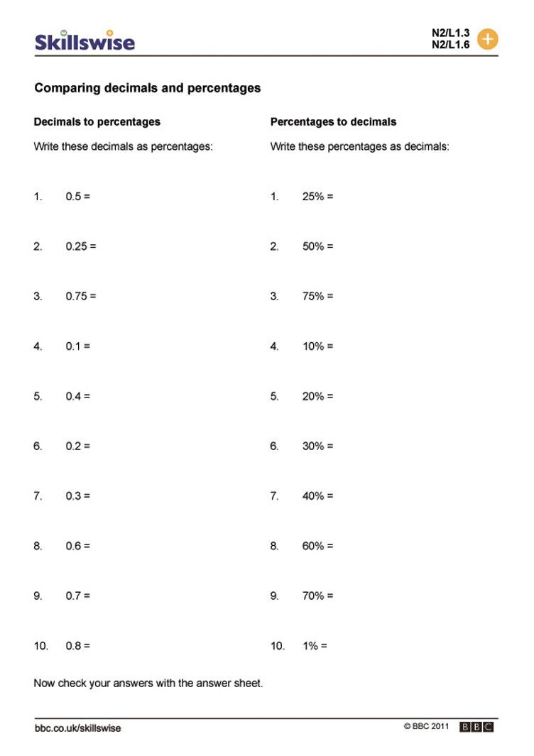 Fraction To Decimal To Percentage Worksheet