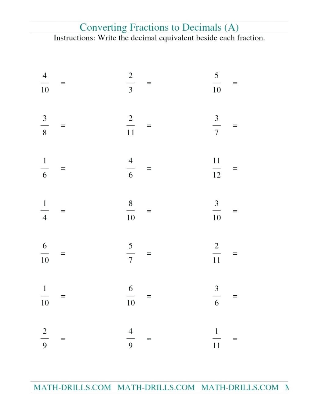 Convert Decimal To Fraction To Percent Worksheet