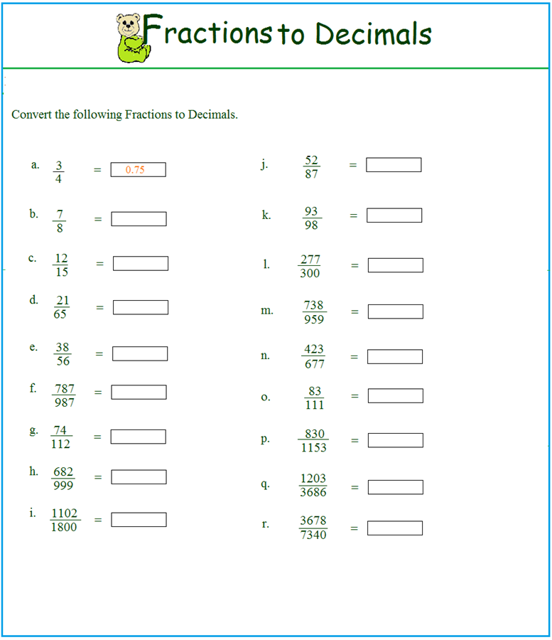 Renaming Fractions As Decimals Worksheets