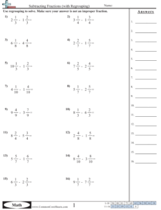 Fraction Worksheets Subtracting Fractions with Regrouping Worksheet