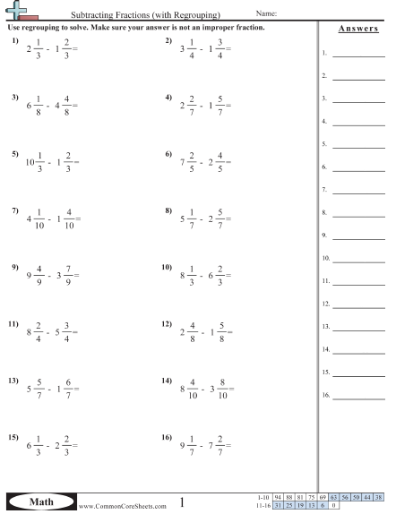 Fraction Worksheets Subtracting Fractions with Regrouping Worksheet 