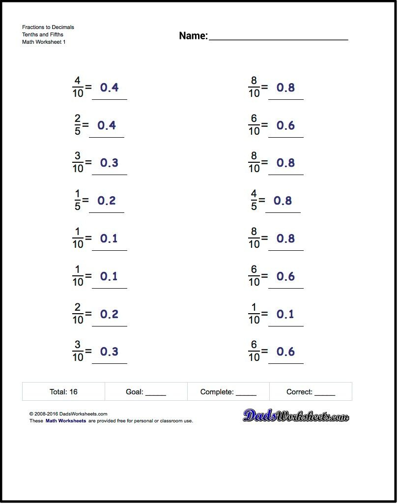 Fraction Decimal Equivalents Worksheet